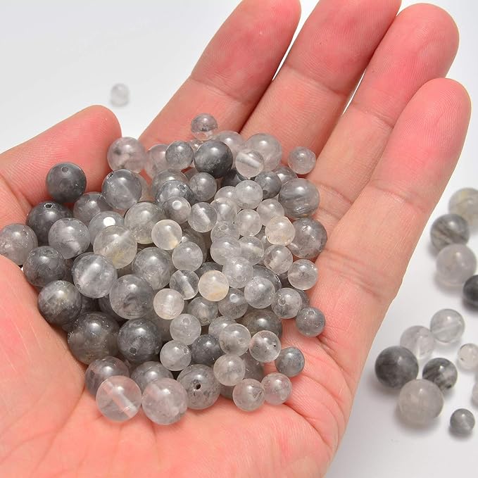 NCB 100Pcs 8mm Natural Stone Cloudy Quartz Crystal Round Loose Stone Spacer Beads with Free Crystal Stretch Cord for Jewelry Making