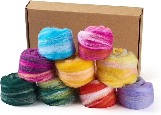 FASHEWELRY 1.5 OZ Wool Felting Set for DIY Craft, Nature Wool Roving Needle Felt Wool Roving for Needle Felting Hand Spinning DIY Craft Materials (9 Colors)