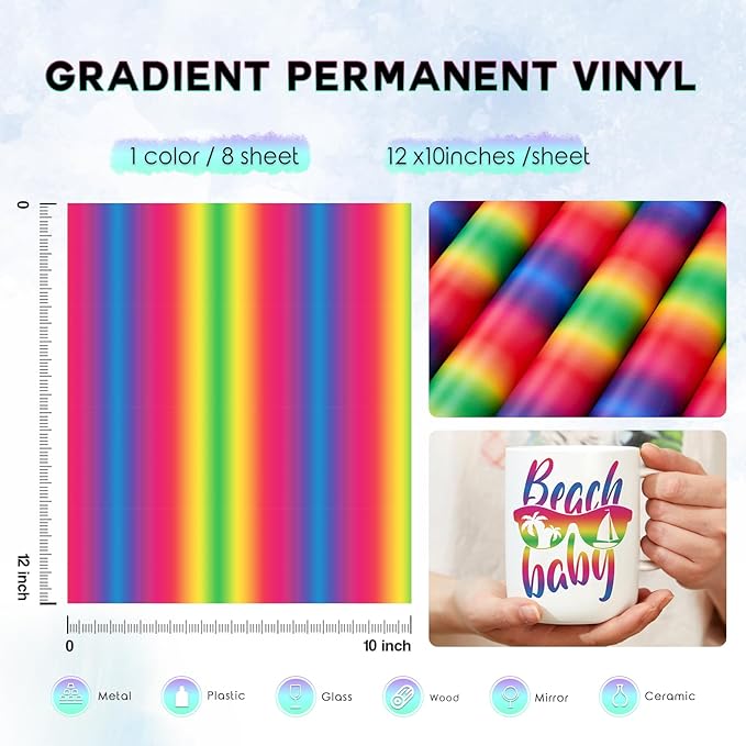 Tintnut Rainbow Permanent Vinyl - 8 Sheets 12"x10"Gradient Patterned Permanent Adhesive Vinyl for Cutting Machine, Home Decor Self Sticker