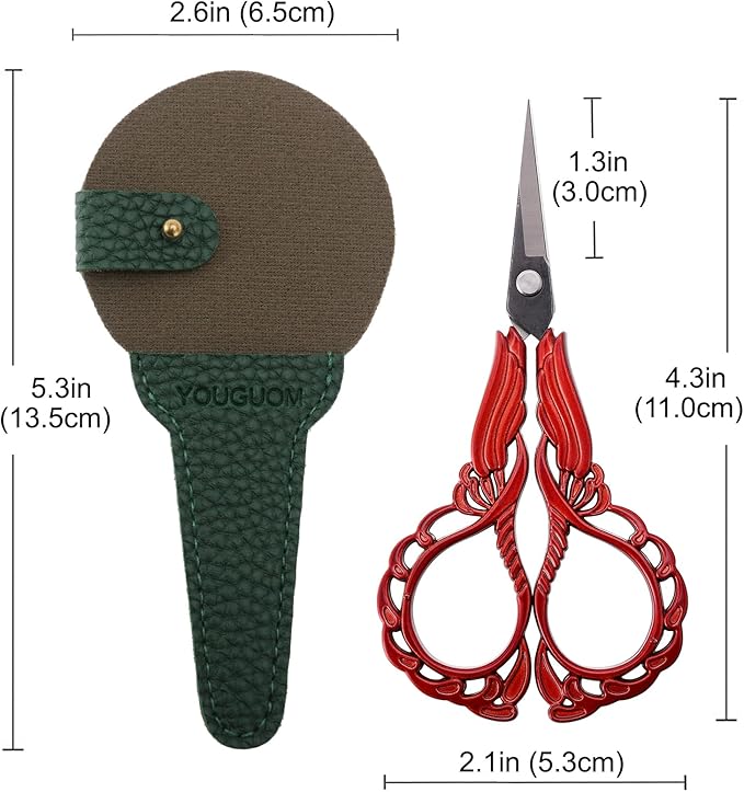 Small Embroidery Scissors Sewing Crafting Scissor Sharp Tip Shears for Needlework Threading Craft Artwork DIY Tools, 4.3in Vintage Red Scissors W/Sheath