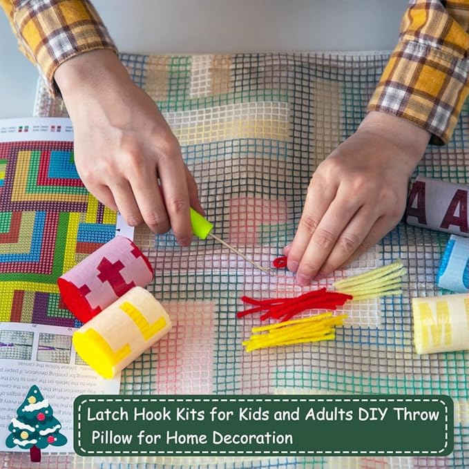 DL-YTG Latch Hook Kits Pillow Flower Crochet Yarn Cushion Colour Pre-Printed Canvas Rug Needlework DIY Pillowcase Hook and Latch Kit Christmas Home Arts Crafts Sofa Decoration 42x42cm/16 X16inch