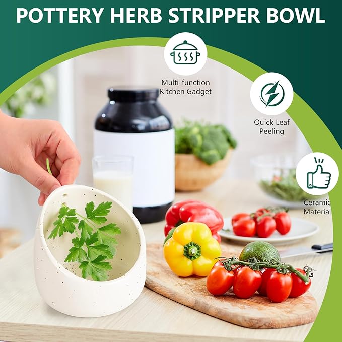 Pottery Herb Stripper Bowl,Handmade Ceramic Herb Stripper, Dishwasher-Safe, different sizes of round holes,kitchenware for root removal(white)
