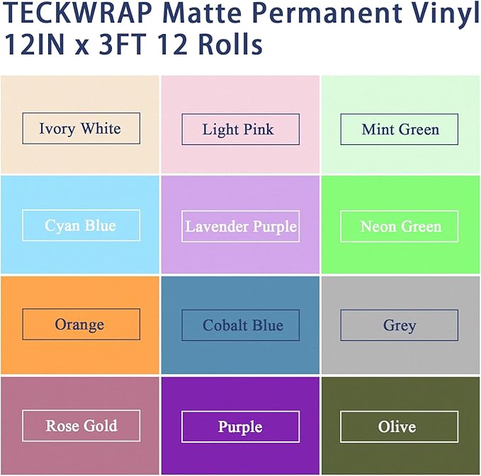 TECKWRAP Matte Permanent Vinyl, 12" x 3ft, 12 Rolls Adhesive Vinyl Compatible with Cutters, Signs, Scrap-Booking, for Mug, Window, Home Decal, Vintage Color