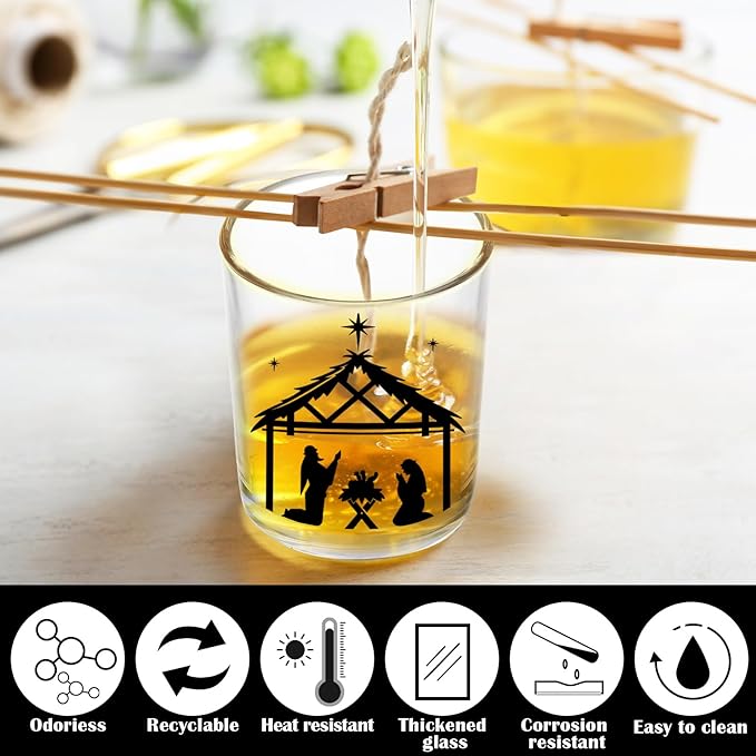 10 Pcs Christmas Glass Candle Jars Empty Containers Bulk 7 oz Glass Jars with Cork Lids Tins for Candle Making Storing Biscuits Tea Party Favors(Nativity)