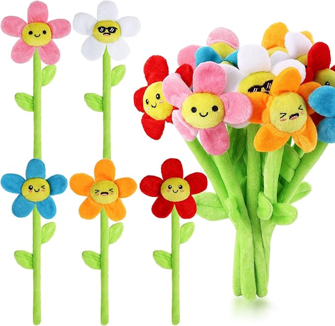 10 Pcs Plush Smile Flower Stuffed Bendable Stems Plush Bouquet Toy Soft Flower 12.6 Inch for Christmas 2025 Mother's Day Girl Girlfriend Wife(Cute Style)
