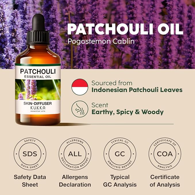 KUKKA Patchouli Essential Oils - 4 Fl Oz - for Hair, Skin, Diffuser, Aromatherapy & DIY Soap Making Scent