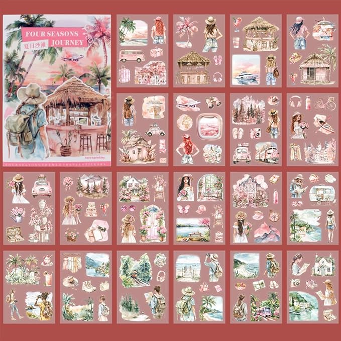Summer Beach Pre-Cut Journal Sticker Book for Junk Journaling, Transparent PET Landscape Stickers for Scrapbook Supplies, Scrapbooking, Collage, Planners, Bujo, 20 Sheets