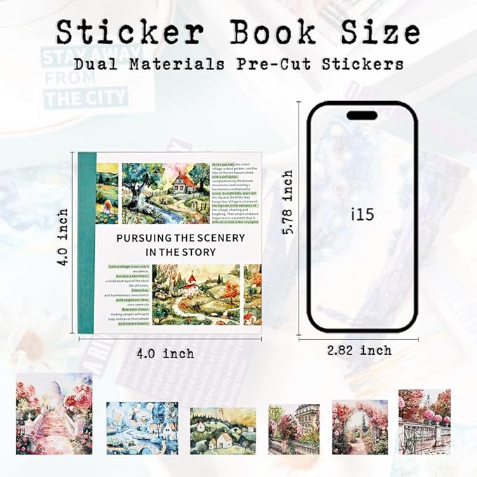 40 Sheets Pre-Cut PET Washi Sticker Books for Scrapbooking, Garden and Country Road Theme Decorative Background Scrap Book Stickers for Journaling, Junk Journal Supplies, Collage