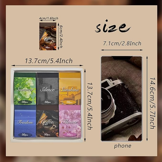 Washi Stickers, 6 Sets 300 Pcs Aesthetic Sticker Book for DIY Journaling, Journaling Supplies for Bullet Journal Art Diary Card Craft Gifts Planner Notebook