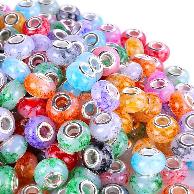 100 Pieces 14mm European Large Hole Spacer Beads Mix Color with Silver Brass Cores Assortments Charm Lampwork Beads Supplies for Necklace Bracelets Jewelry Making (Jelly Bottom Spray)