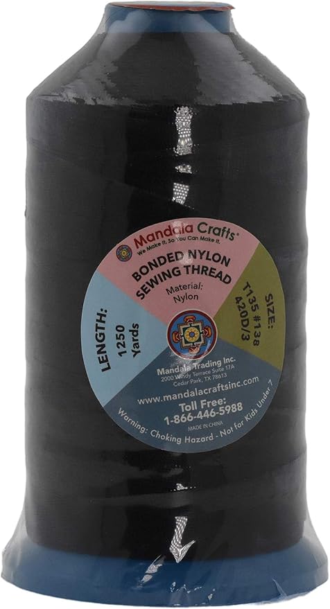 Mandala Crafts Bonded Nylon Thread Black Heavy Duty Sewing Threads - 1250 YDs Size 138 420D T135 Tex 135 Thread for Leather Jeans Weaving Outdoor Marine Upholstery Threads
