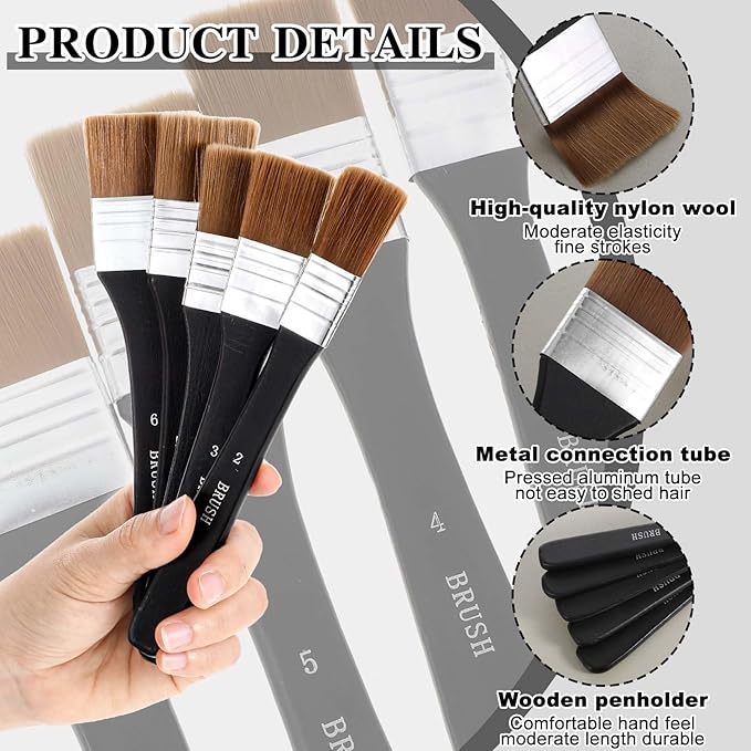 5 Pcs Wide Flat Paint Brushes, Art Brushes for Acrylic Painting Soft Painting Brushes Assorted Sized Craft Brushes Nylon Chip Brushes Artist Varnish Brush Art Paintbrush Sets for Oil Canvas Gesso