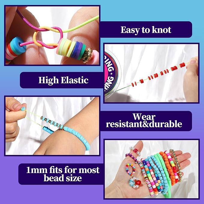 FANDAMEI 1mm Elastic String for Bracelets, Elastic Bracelets Beading Cord Stretchy Rainbow, Stretch Bead Cord for Jewelry Making, Sturdy Thread for Bracelet Necklace Crafts Christmas DIY Colorful