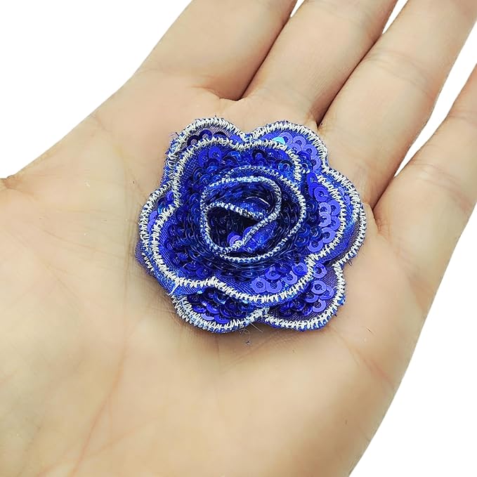 5 PC Rose Flower Sequins Lace Embroidery Patch Applique Trim Wedding Dress DIY Sewing Craft Clothes Applique, 1.6 Inch, Royal Blue