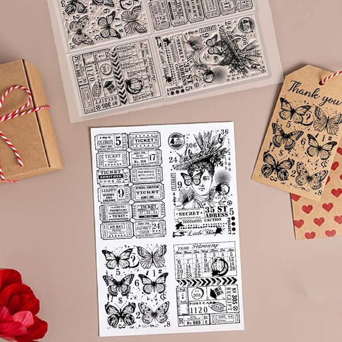 GLOBLELAND Retro Woman Postcard Background Clear Stamps for Cards Making Vintage Butterfly Silicone Clear Stamp Seals 5.83x8.27inch Transparent Stamps for DIY Scrapbooking Photo Album Journal