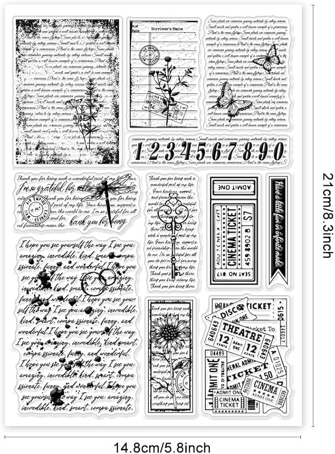 GLOBLELAND Vintage Text Background Clear Stamps for Cards Making Retro Flowers Butterfly Clear Stamp Seals 5.83x8.27inch Transparent Stamps for DIY Scrapbooking Photo Album Journal Home Decoration