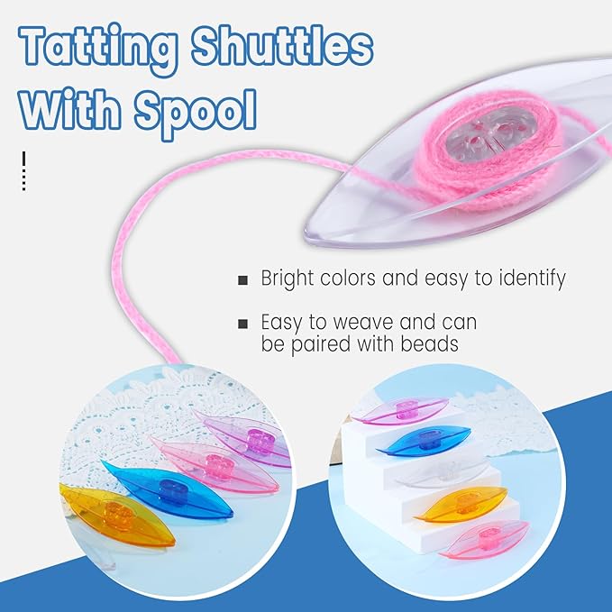 BUTUZE Tatting Shuttle Kit, 5 PCS Plastic Tatting Shuttle with Beading Needles Crochet Hooks Knitting Needles Big Eye Needles Tatting Needles for DIY Hand Lacemaking Craft Tool Weave Yarn Set