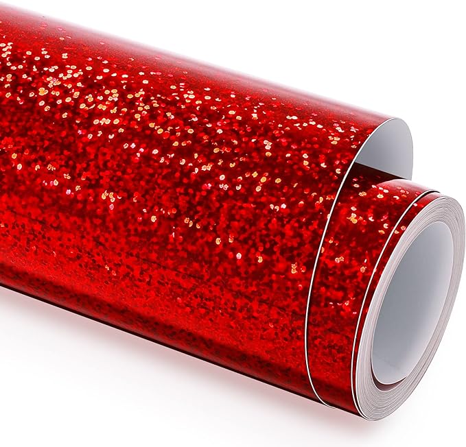 GIRAFVINYL Holographic Red Glitter Vinyl, -12” X 6ft Red Glitter Permanent Vinyl for Tumbler, Home and Car Decorations