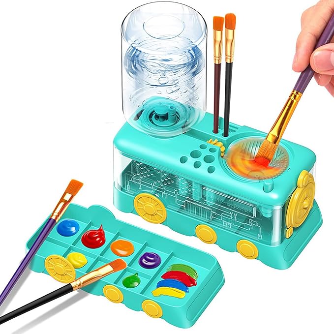 Paint Brush Cleaner with Paint Tray, Water Circulation Brush Rinser with Brush Holder, Watercolor/Oil and Water-Based Paint Brush Cleaner Tool, 400ml Capacity, Train Design, Gift for Artist Beginners