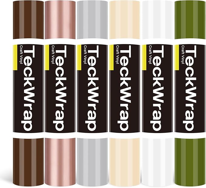 TECKWRAP Permanent Vinyl, 12" x 5ft Permanent Adhesive Vinyl Rolls, 6 Rolls for Cricut, Silhouette, Cameo Cutters, Signs, Scrap-Booking, Craft for Mug, Window, Home Decal, Dark Color