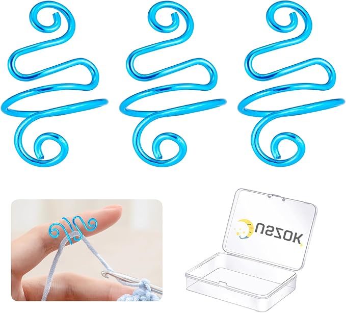 Juszok 3Pcs Handmade Crochet Tension Ring, Crochet Ring for Finger Crocheting，Yarn Tension Control Ring, Adjustable Companion Knitting Ring with Box Gifts for Crocheters Knitters Women (Blue)