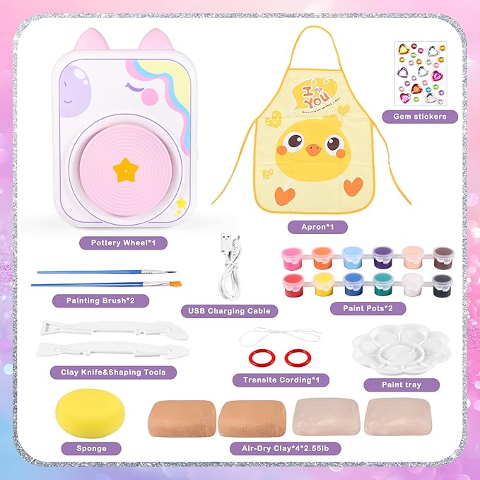 weirtoya Pottery Wheel for Kids, Girls Arts and Crafts Toys for Kids Ages 8-12,Pottery Craft Kit with 3 Pack Air-Dry Clay, Art Supplies for Kids Toys Girls Birthday Gift for 6 7 8 9 10 11 12+