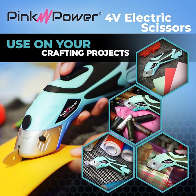 Pink Power Electric Fabric Scissors for Crafts, Sewing, Cardboard, Carpet & Scrapbooking - Heavy Duty Cutting Tool, Automatic Cordless Electric Scissors Fabric Cutter & Rotary Cutter Set (Aqua Splash)