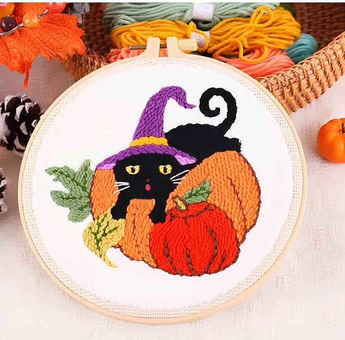 DCCQ Punch Needle Kits Adults Beginner，Cute Cartoon Pumpkin and Black Cat Pattern with Hoop Embroidery Punch Needle Starter Craft Set Easy for Adults，Children and Halloween Gifts，Decoration