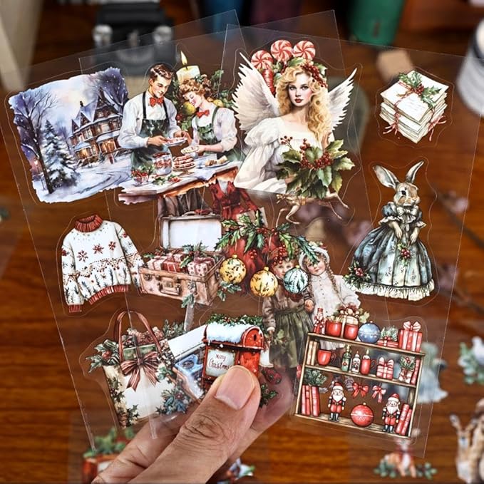 Vintage Christmas Scrapbook Stickers for Scrapbooking Supplies, 20 Sheets Precut PET Sticker Book for Journaling, Junk Journals, Collage, Card Making, Bujo, Crafts Arts