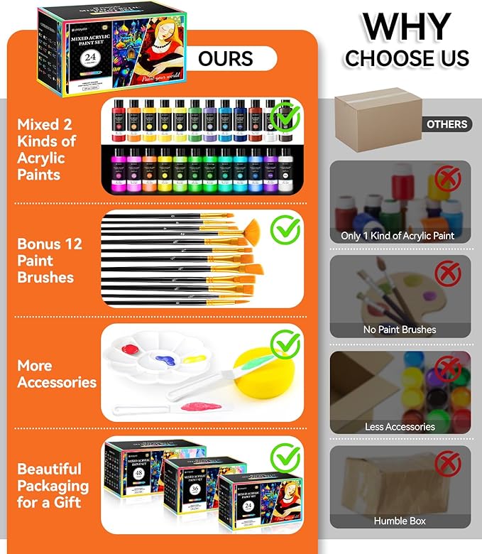 40 PCS Classic & Glow in the Dark Acrylic Paint Set with 12 Brushes, 2 Knives & Palette, 24 Colors Art Craft Paint for Beginners, Halloween Pumpkin Canvas Ceramic Rock Painting Kit