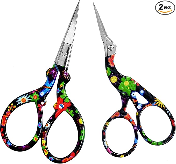 AQUEENLY Embroidery Scissors Vintage 2 Pcs Stainless Steel Stork Scissors Small Sewing Scissor Sharp 3.6 Inches Crochet Scissor for artwork, Threading, Needlework, Black Flower Style