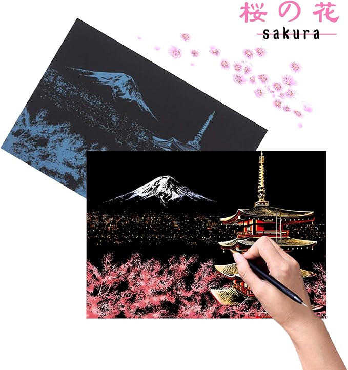 DESINIK Scratch Painting Art for Adults & Teens - 2 Sheets Rainbow Scratch Painting Kit, Scratch Painting Foil Art for Adults,Stress Relief Adult Craft Kits A3(Mt. Fuji, Japan)