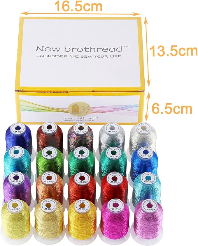 New brothread 20 Assorted Colors Metallic Embroidery Machine Thread Kit 500M (550Y) Each Spool for Computerized Embroidery and Decorative Sewing