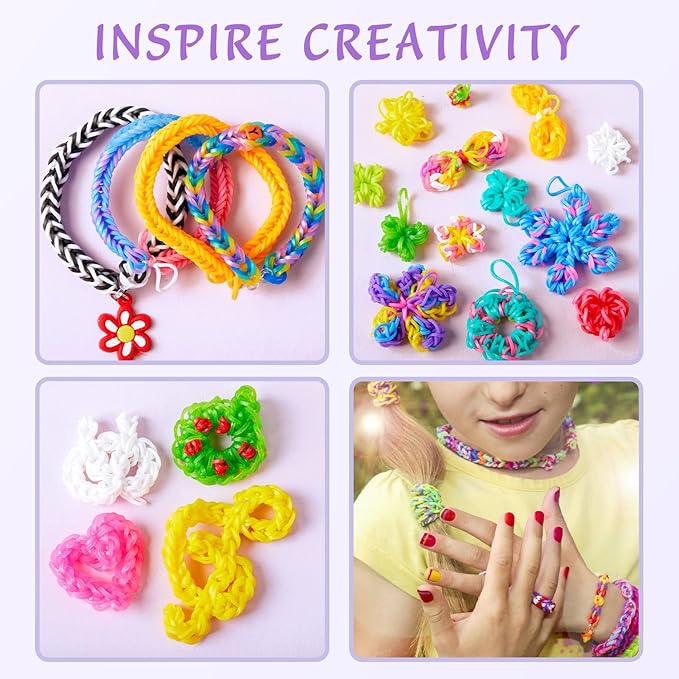 INSCRAFT 17490+ Rubber Loom Bands, 28 Colors Bracelet Making Refill Kit, with 3-Layer Container, 600 S-Clips, 352 Beads, 40 Cartoon Charms, Christmas Birthday Gift for Girls Boys Kids