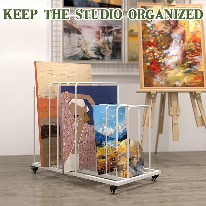 Art Canvas Storage Rack, Art Storage with Wheels, Adjustable Art Storage Easel Display Stands for Canvas Boards, Panel, Crafts Drying & Print Racks,Frame,White