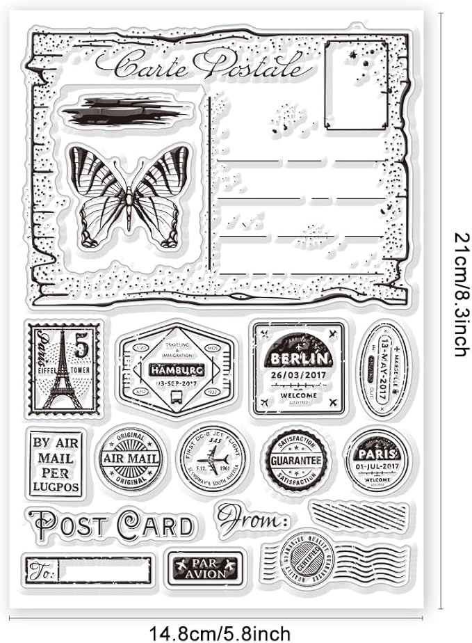 GLOBLELAND Vintage Decor Letters Postcards Clear Stamps for DIY Scrapbooking Retro Stamp Elements Silicone Stamp Seals Transparent Stamp for Cards Making Photo Album Journal Decoration 8.27×5.83inch