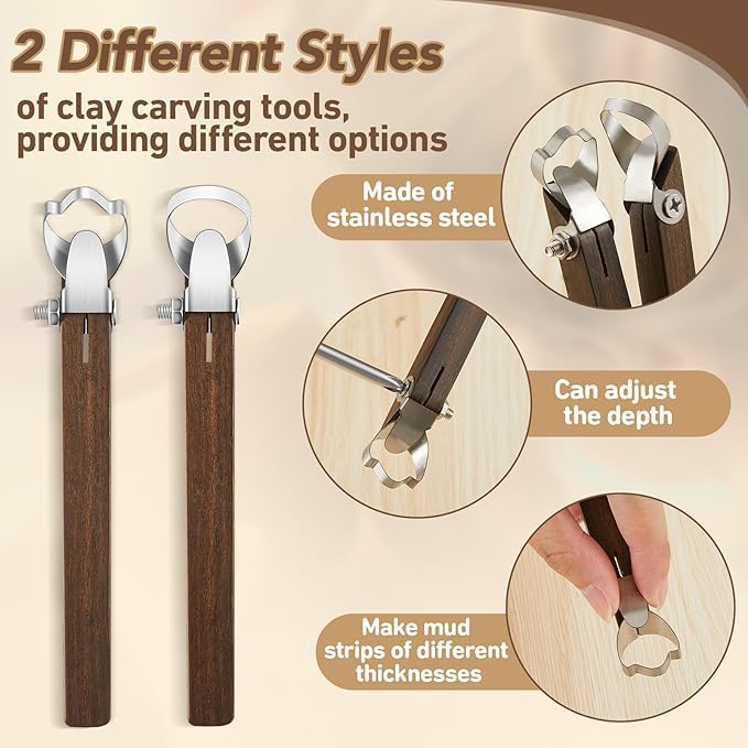 Therwen 2 Pcs Sculpture Scraper Pottery Carving Tool Pottery Cup Handle Shape Clay Extruder Tool Teacup Mug Handgrip Clay Cutters with Wooden Handle for Ceramic Sculpture Craft(Classic Style)