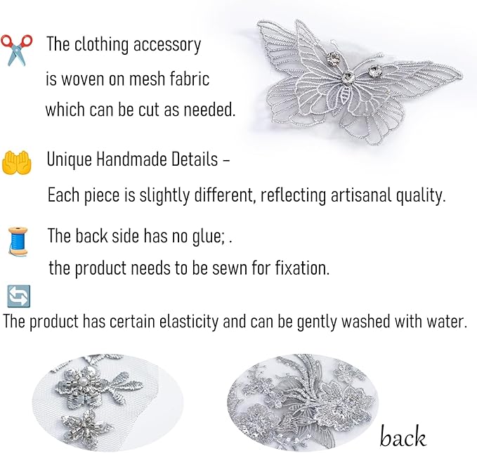 Flower Pearl Fabric Rhinestones Beaded Lace Applique,3D Butterfly Embroidered Lace Patch for Clothes,Dress (Gray)