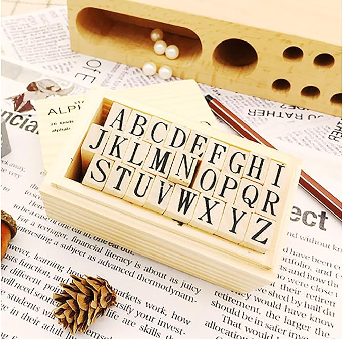 26Pcs Wooden Rubber Stamps Letter Alphabet Stamps Mini Cute DIY Stamps Set for Craft Decorating Scrapbooking and Wedding Invitation Cards (26Pcs)