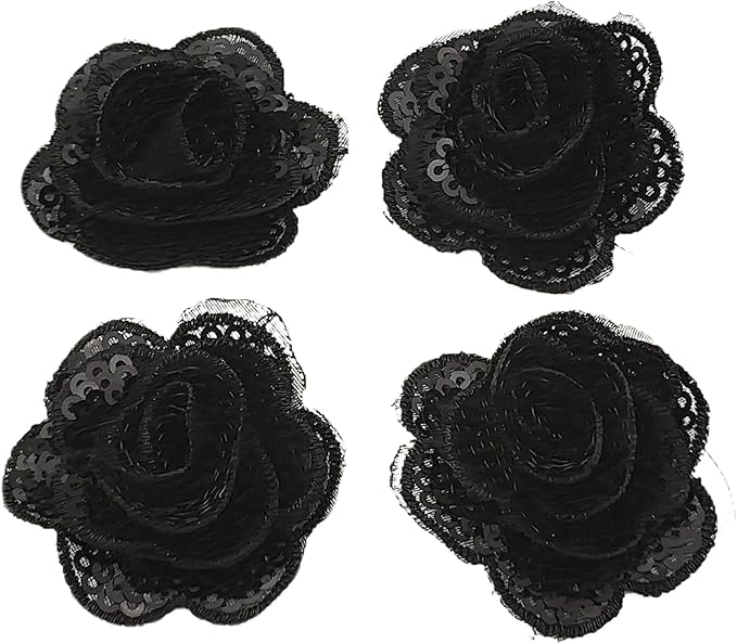 5 PC Rose Flower Sequins Lace Embroidery Patch Applique Trim Wedding Dress DIY Sewing Craft Clothes Applique, 1.6 Inch, Black