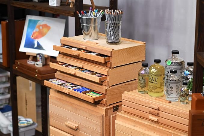 Creative Mark Pastel Storage Box, 3 Drawer Wood Box with Foam Lining, Sturdy and Stackable Art and Craft Supplies Storage Box for Artist Tools, Pens, Pencils and More, Natural Finish