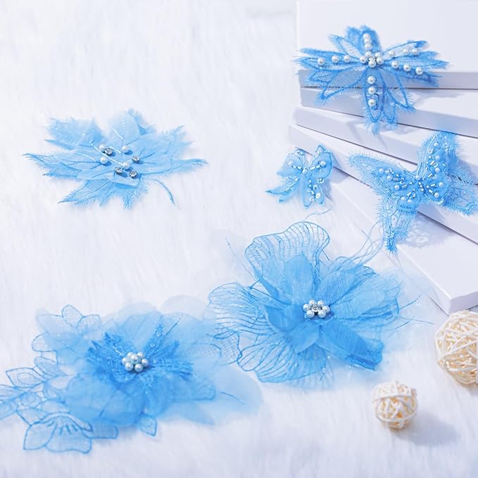 6 Pieces 3D Flower Lace Embroidery Butterflies Appliques Pearl Patches for Repairing and Decorating, Sewing Craft Clothing Jeans Jackets Bags (Blue)