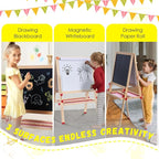 Double Sided Foldable Easel for Kids Adjustable Height Wooden Art Station with Paper Roll and Accessories Ideal Gift for Toddlers Boys Girls Ages 3 4 5 6 7 8 Years Old