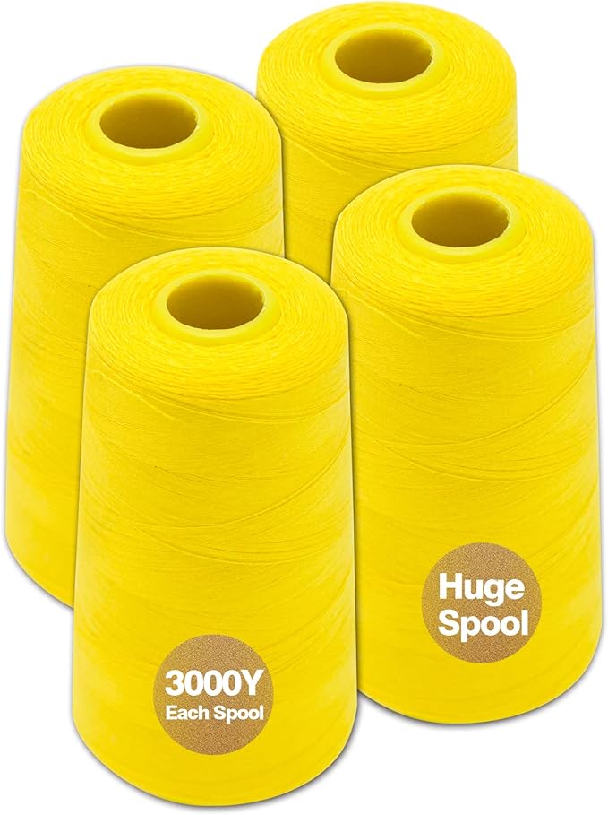 Yellow Serger Thread, All-Purpose Thread for Sewing, Polyester, 4 Cones of 3000 Yards Each Spool for Sewing Machine