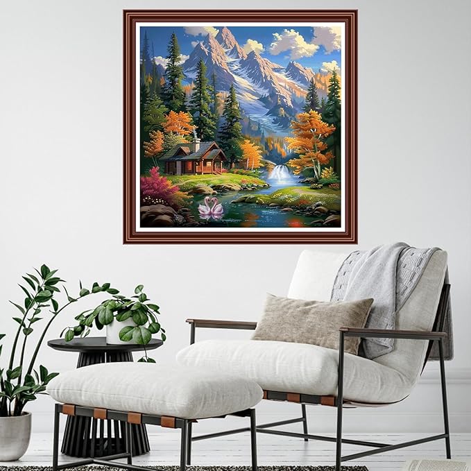 Dimensean Counted Cross Stitch Kit for Beginners, 11CT Unprinted Cross-Stitch Kit Easy Patterns Needlepoint Kit Cross Stitching Embroidery Kit Supplies-Home Under The Snow Mountain 18x18 inch