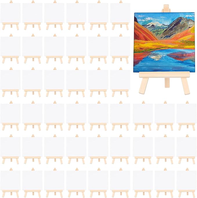40 Pack Mini Canvas and Easel Set for Painting Canvas Panels with 5.9 Inch Wooden Easels for Oil Acrylic Painting Birthday Baby Shower Back to School Party Favors (4 x 4 Inch)