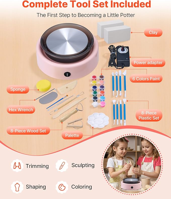 VEVOR Mini Pottery Wheel, 6 inch Turntable, Forward and Reverse Rotation, Adjustable Speed, Electric Clay Wheel for Kids and Beginners, with Shaping Tools, for Home DIY, Pottery Classes, Pink
