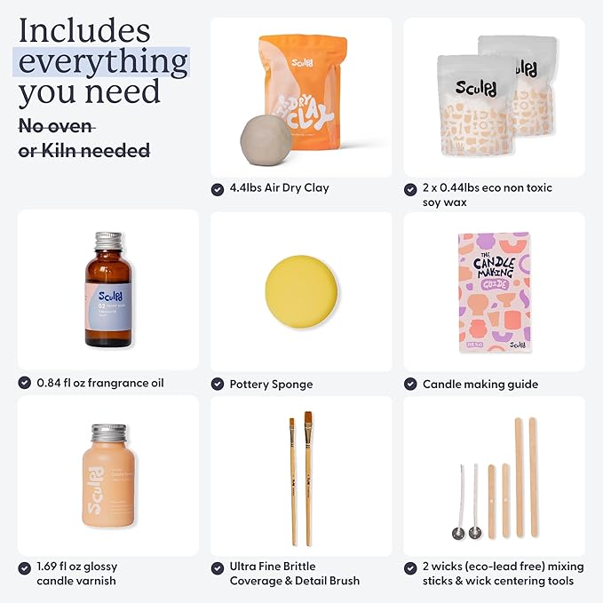 Sculpd Candle Making Pottery Kit for Adults with Air Dry Clay and Acrylic Paint Set, Non-Toxic Eco Soy Wax, Scented Fragrance Oil, Candle Glaze, Tools & Guide, 2 Candles, Basil Citrus