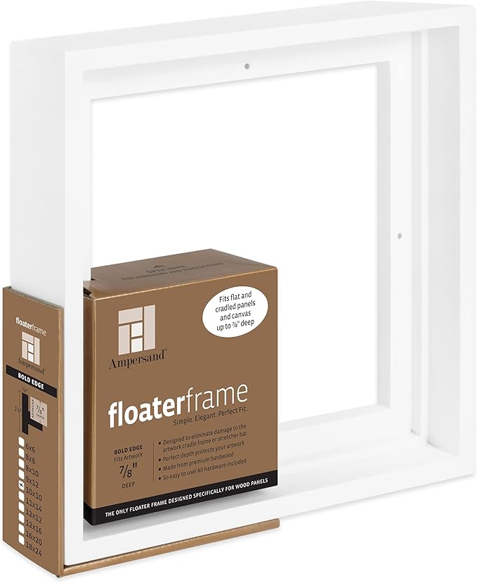 Ampersand Art Supply Floaterframe Readymade Frame for Flat and 7/8" Deep Wood Panel and Canvas Artwork, Paintings, Prints, and More, 10"x10", White Bold