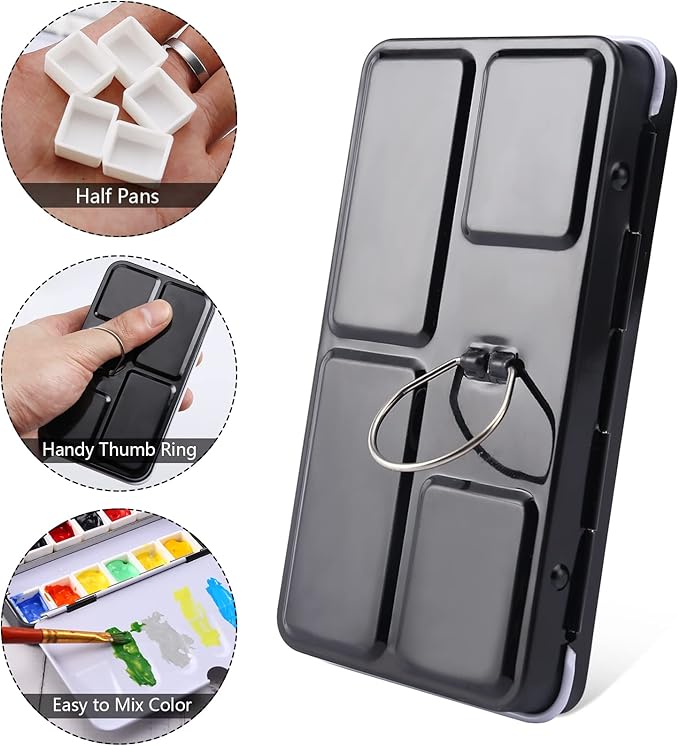 LOONENG Metal Watercolor Tin with Fold-Out Palette, Small Tray Palette with 14 Empty Half Pans for Plein Air, Acrylic and Oil Painting